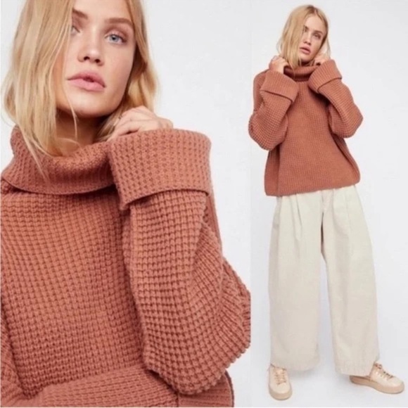 Free People Park City Pullover Terracota Chunky Knit Oversized Waffle Cozy XS - Picture 11 of 11